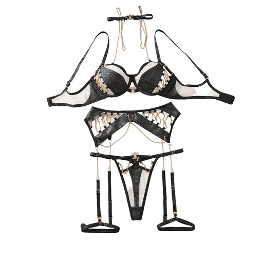 House Of Dasein Metal Chain Motorcycle Accessories Sexy Fashion Bra Splicing Complex Craftsmanship Fun Underwear Women's Wear - Black - M