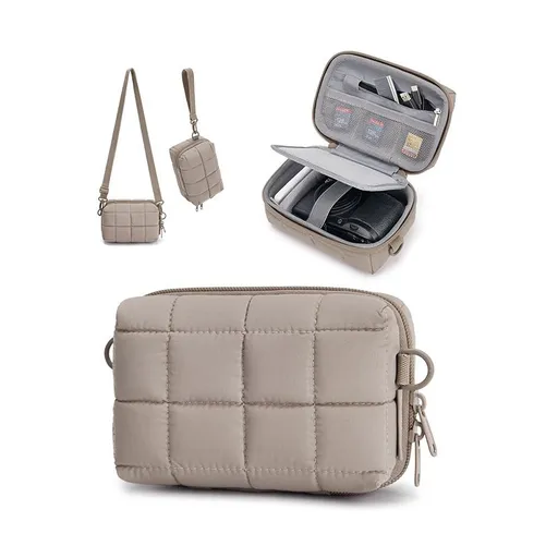 Puffy Puffer Camera Crossbody Bag with Adjustable Shoulder Strap, Shockproof EVA Hard Shell and Soft Lining for Small Digital Cameras, Memory Cards and Daily Essentials (Khaki)