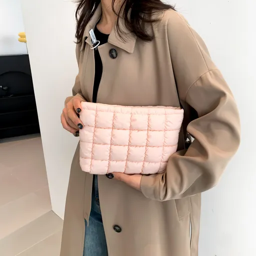 Pink Puffer Makeup Bag Quilted Pouch Cosmetic Organizer Bag Soft Nylon Travel Toiletry Bag Zipper Handbag for Women