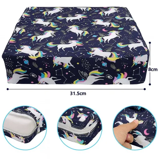 Booster Seat Cushion Foam Chair Riser Adjustable Safety Straps Washable Polyester Cover Unicorn Print Blue 8 cm 32 x 32 cm