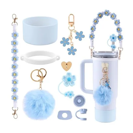10-Piece Blue Accessory Bundle for Stanley Quencher 30/40oz - Includs Premium Silicone Straw Covers, Protective Boot & Charms Set