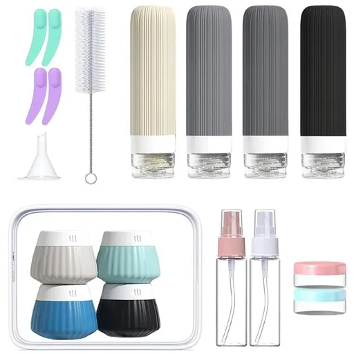 18 Piece Silicone Leak Resistant Travel Toiletry Bottle Set - Black Gray