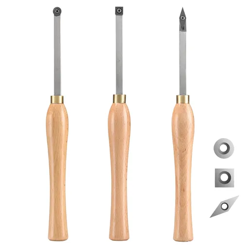 Wood Lathe Chisel Set, 3 PCS Woodworking Turning Tools, Includes Square, Round, Diamond Carbide Blades, 20 cm Comfortable Grip Handles, Wood Chisel Set with Wooden Box For Turning Pens or Small