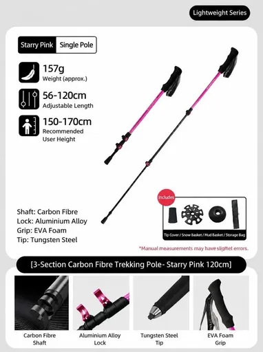Carbon Fiber 3 Section Adjustable Trekking Stick, Lightweight Hiking Pole For Height Under 170cm, Strawberry Pink, Fashion Outdoor Walking Gear