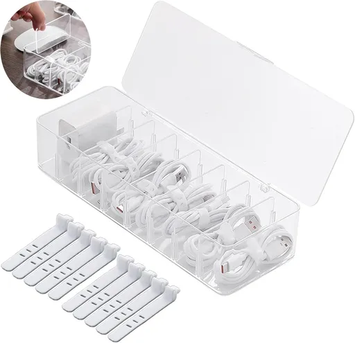 Cable storage box - Cable organizer with 10 cable ties - Cable storage box - Clear plastic storage box for office, workbench, living room, bedroom (large size with lid)