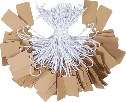 200 Pcs Kraft Price Tags with Elastic String Attached Writable Brown Kraft Paper Tags Hang Tag for Pricing Clothing Jewelry Price Display Labels Blank Merchandise Marking Tag, 1 3/8" x 3/4"