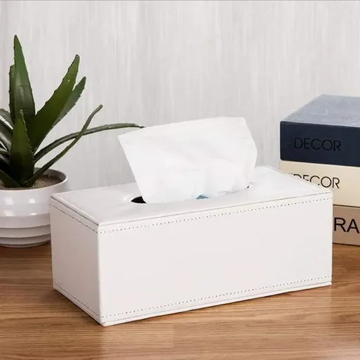 Leather Tissue Box Holder, Rectangular Cover with Lid for Home Office Car Tabletop, White 1