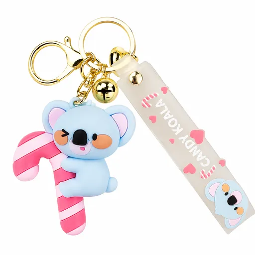 Candy Cane Koala PVC Keychain - Cute 3D Cartoon Koala Figure , Soft Rubber Bag Charm and Car Key Ring Accessory, Lightweight Collectible Gift for Kids and Teens