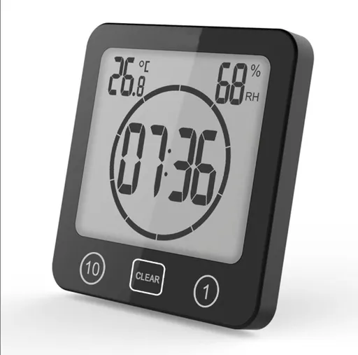 Black Digital Bathroom Clock with Countdown Timer, Thermometer, Hygrometer and Suction Cup