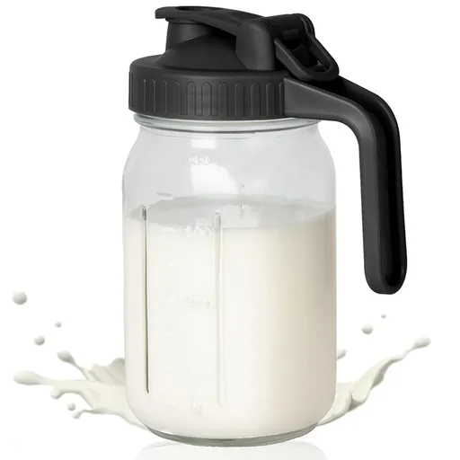 Black Glass Mason Jar Pitcher 32oz with Flip Lid Pour Spout Milk Jug Leak-Proof Airtight Seal Wide Mouth Beverage Container Cold Brew Coffee Iced Tea Juice Milk Dispenser Fridge Storage