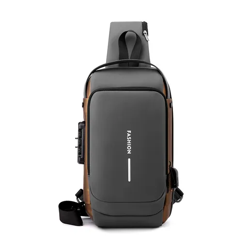 Grey Gold High Capacity Anti-Theft Tactical Chest Bag - Waterproof Leather-Film Sling with USB Charging & TSA Password Lock