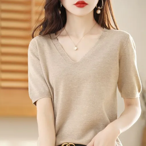 Women V Neck Knit Sweater Half Sleeve Pullover CAMEL XL Size: XL; Height (cm): 170-175; Weight (kg): 60-65; Bust (cm): 94-98; Waist (cm): 78-82; Shoulder width (cm): 40; Length (cm): 64