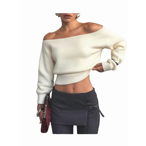 Women Off Shoulder Long Sleeve Pullover Sweater Top Trendy Boat Neck Soft Ribbed Knit Crop Sweater S