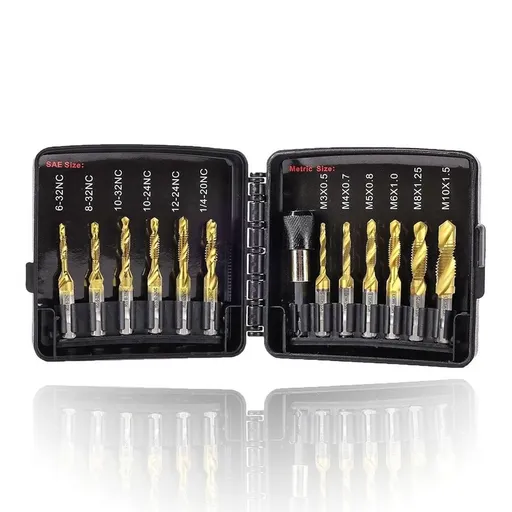 Drill Tap Set with Quick-Change Adapter of 13Pcs, 6 SAE Sizes, 6 Metric Sizes, Combination Drill and Tap Set