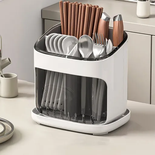 Chopstick Storage Box | Large Capacity Kitchen Utensil Organizer with Drainage Holes | Tilt-Proof Cutlery Holder for Spoons, Forks & Chopsticks | White or Green Plastic Countertop Organizer