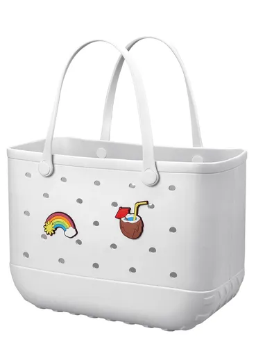 EVA Beach Tote Bag for Swimming, Pool & Travel – Waterproof Washable Rubber Handbag with 2 Random Charms, Lightweight & Sand-Resistant (White) | Other Colors Available in Store
