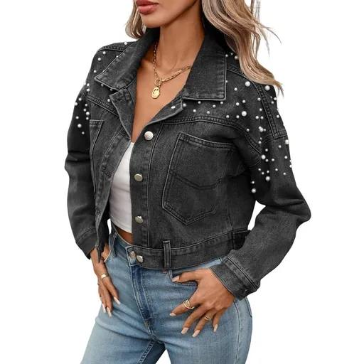 Women Oversized Denim Jacket Embroidered Beading Jeans Coat L