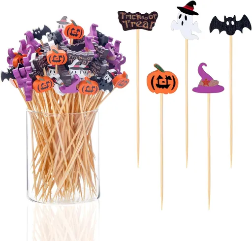 100 Pack Halloween Toothpicks for Appetizers, 4.7 Inch Natural Bamboo Cocktail Picks for Cake Dessert Food Fruit Halloween Party Decorations