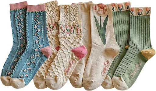 Casual Vintage Floral Cotton Socks for Women 4 Pairs Cute Ruffle Slouch Socks 5-9 for Teen Grils Above Ankle Athletic Socks
