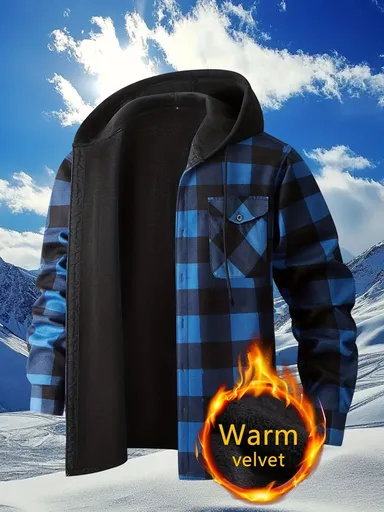 Plaid Hooded Jacket with Velvet Lining - Green - Size XL(AU XL/EU52)