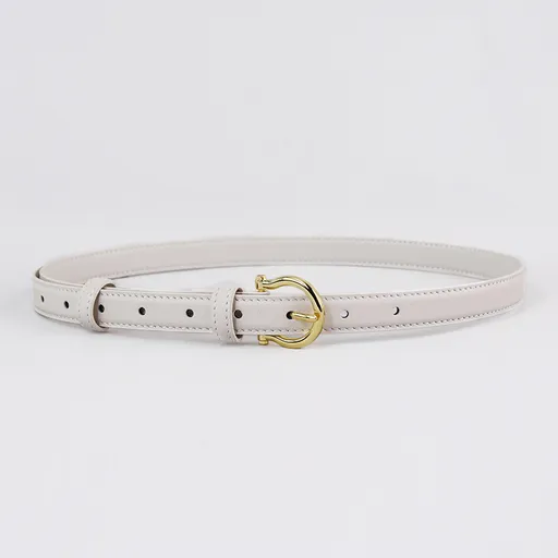 100CM White Elegant French Gold Buckle Genuine Leather Belt - Luxurious Lightweight Women's Waist Belt