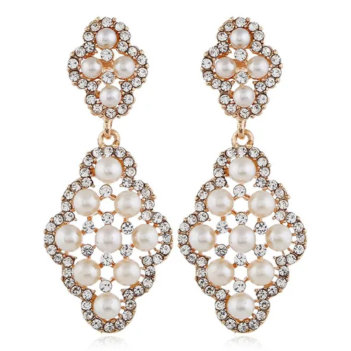 Crystal White Simulated Pearl Vintage Inspired Flower Earrings Women's Wedding Bridal Rhombus Crystal Simulated
