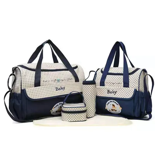 Dark Blue 5-Piece Mommy Bag Set - Large Capacity Diaper Bags for Baby Travel, Tote and Shoulder Bags with Insulated Bottle Holder and Snack Bag