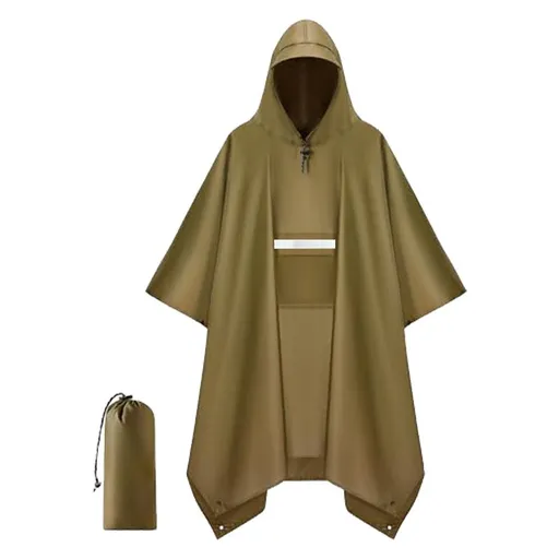 Brown Unisex Hooded Rain Poncho - Lightweight Packable Outdoor Rain Cape with Reflective Pocket, Adjustable Hood and Grommets for Hiking, Camping and Travel