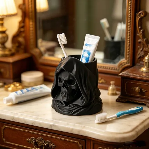 3D-printed hooded skull organizer, perfect for storing toothbrushes and toothpaste in your bathroom. Black.