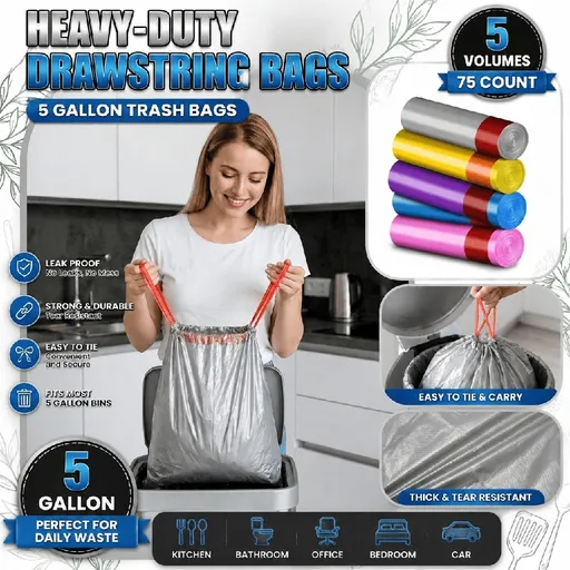 Drawstring Garbage Bags 5 Rolls 75 Count Thickened Heavy Duty Color Trash Can Liners Continuous Roll Disposable Plastic Wastebags for Kitchen Home Office Indoor Use