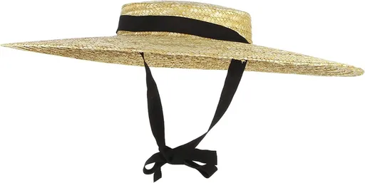 Women's Straw Boater Hat, Wide Brim Flat Top Sun Hat with Chin Strap for Beach Derby, Beige 12cm