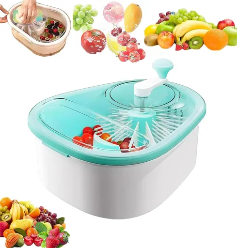 Fruit Cleaner Spinner - Fruit Washer Spinner Bowl with Lid, Large Capacity Fruit Washer Spinner with Brush, Multifunctional Fruit and Vegetable Cleaner Device for Home Kitchen (Blue)