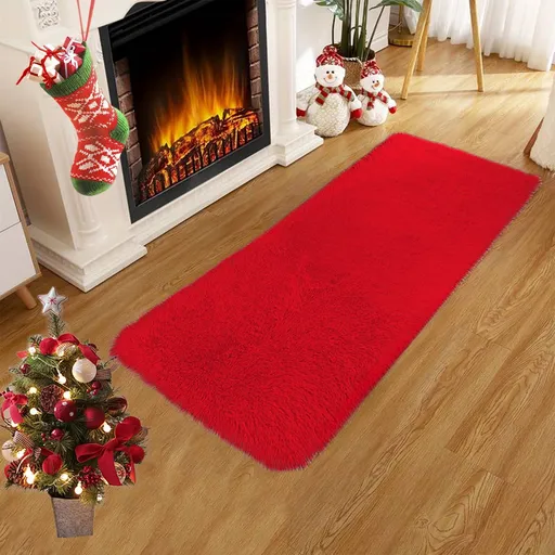 Indoor Rug Non Slip Shag Plush Runner Mat Soft Carpet Red 40 x 80 cm