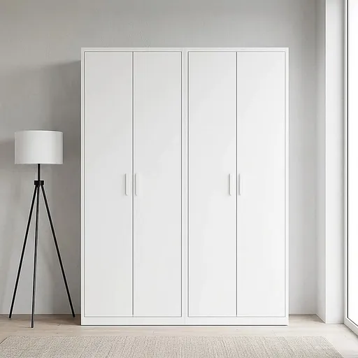 160x200cm 4-Door White Steel Hanging Wardrobe with White Handle Storage Cabinet