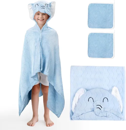 Blue Elephant Bath Hooded Towel for Kids,Extra Soft and Fast Drying Poncho for Toddlers Age 3-10,Kids Beach Hooded Towel Polyester Size 31 x 47 in,Machine Washable Poncho for Bath Beach Pool