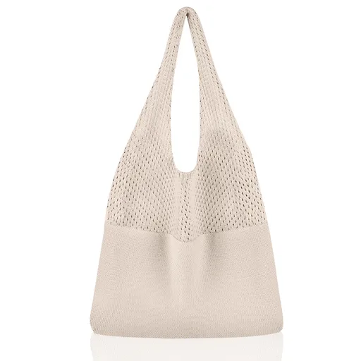 Beige Women's Large Mesh Beach Tote Bag Boho Crochet Shoulder Shopper Reusable Eco Grocery Net Bag for Summer Travel and Markets