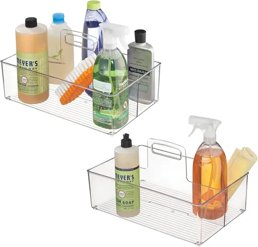 Large Plastic Divided Portable Storage Organizer Caddy Tote Basket Bin with Handle for Kitchen, Pantry, Countertop, Cabinet, Cupboard - Ligne Collection - 2 Pack - Clear