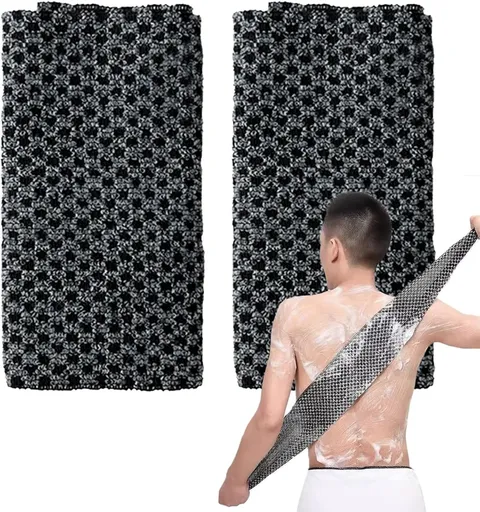 2-piece Japanese back scrubber set, exfoliating shower towel, extra-long exfoliating washcloth for men and women, scrub cloth for body cleansing and massage (black)