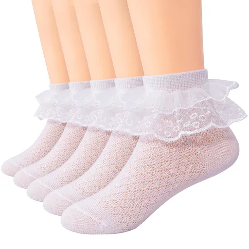10 Pairs Toddler Baby Girls Ruffle Lace Socks Eyelet Mesh Cotton Frilly Ankle Soft Dress Kids Princess Socks 9-13T