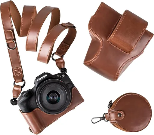 Protective Case for Canon EOS R50/R100 Camera and 18-45mm Lens, PU Leather EOSR50 R100 Camera Bag Including Half Case, Flip Cover, Shoulder Strap and Storage Pocket