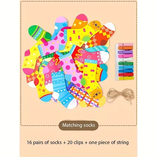 Colorful Life Skill Matching Game - 16 Pairs Socks, 20 Clips & A rope | Practical Life Skills Activity | Fine Motor, Organization 16 Pairs Socks+20 Clips+A rope