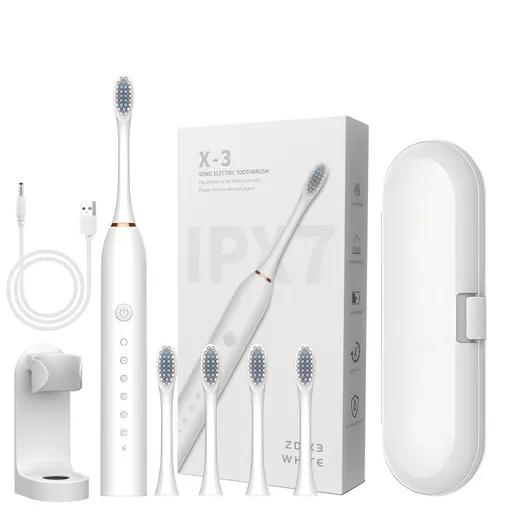 Sonic Electric Toothbrush White set with 4 brush heads, stand, and travel case- 6 Cleaning Modes, USB Rechargeable, DuPont Soft Bristles, Travel Friendly Oral Care Set