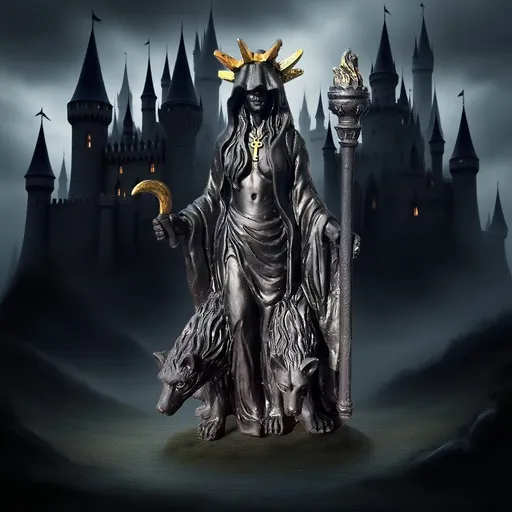 Dark Mystical Goddess Ornament — wearing a golden ray-like headdress, her face hidden beneath a dark robe, with a cross necklace adding to the mysterious aura. She holds a crescent moon prop in one hand and a flaming torch scepter tightly in the othe