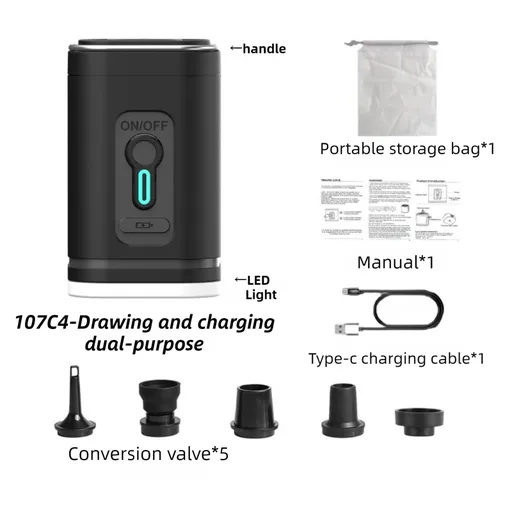 Black Wireless Rechargeable Vacuum Pump with 5 Versatile Nozzles and LED - 2-in-1 Compact High-Suction Inflator & Deflator for Travel & Home