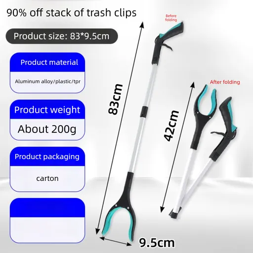 Green and Black Handle Foldable Grabber Reacher Tool - 83cm Aluminium Litter Picker with Magnetic Tip - Lightweight Mobility Aid for Garden & Home Rubbish Cleanup