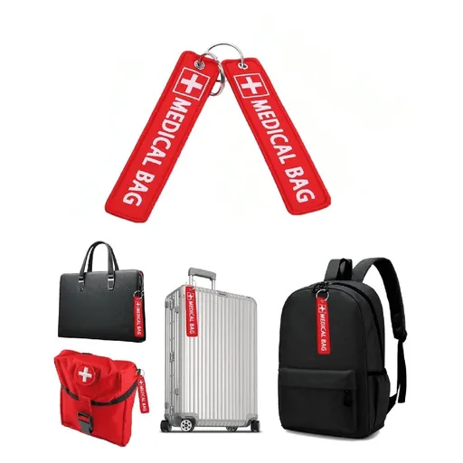 2 Pack Medical Alert Bag Tag, Red Embroidered Emergency ID Label for Luggage (5.1x1.81 Inch) for Supplies Travel Accessories