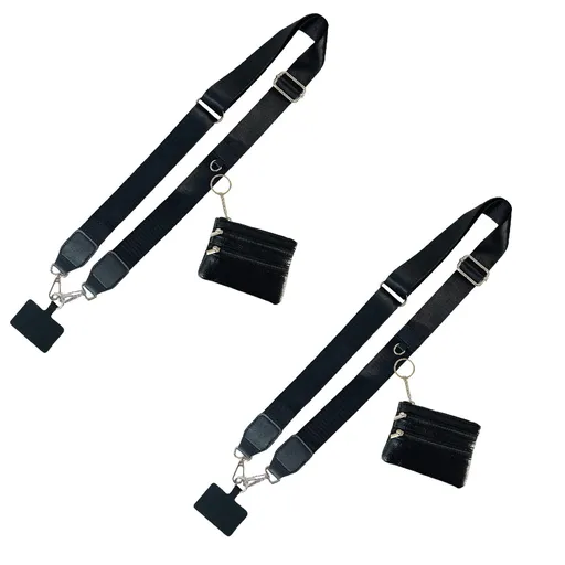 Phone Strap with Zipper Pouch,Crossbody Adjustable Chain Lanyard with PU Leather Wallet for All Phones Black-2pcs