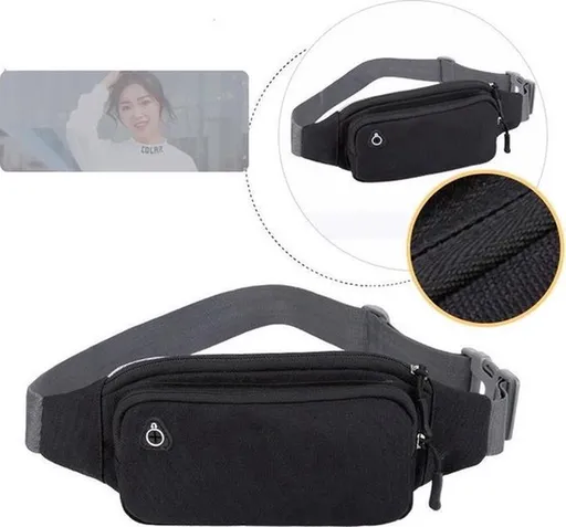 Waist Bag Water Repellent Nylon Adjustable Fit Smartphone Pocket Headphone Hole Black
