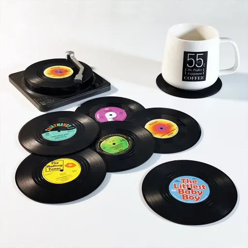 6 Pack Vinyl Record Drink Coasters with Record Player Holder, Retro Cup Mats, 10.5 cm