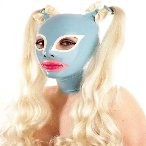 House Of Dasein Handmade Latex Hood Fetish Rubber Mask With Braid Wigs Back Zipper Club Wear - Light Blue - L